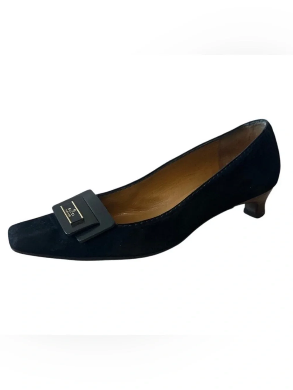Vintage Gucci Black Suede Square Toe Kitten Heels Logo 36 - Picture 1 of 16